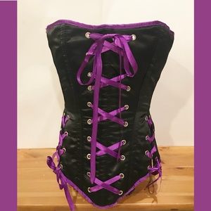 NWOT black satin overbust boned corset purple trim
